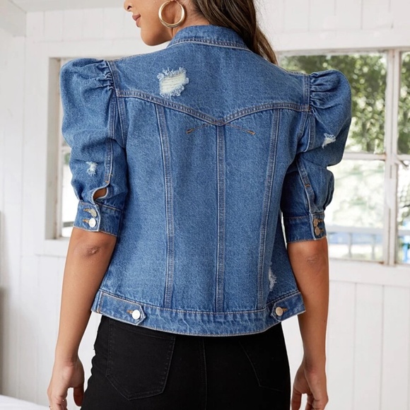 Medium Wash Distressed Puff Sleeve Button Denim Jean Jacket - Picture 4 of 5